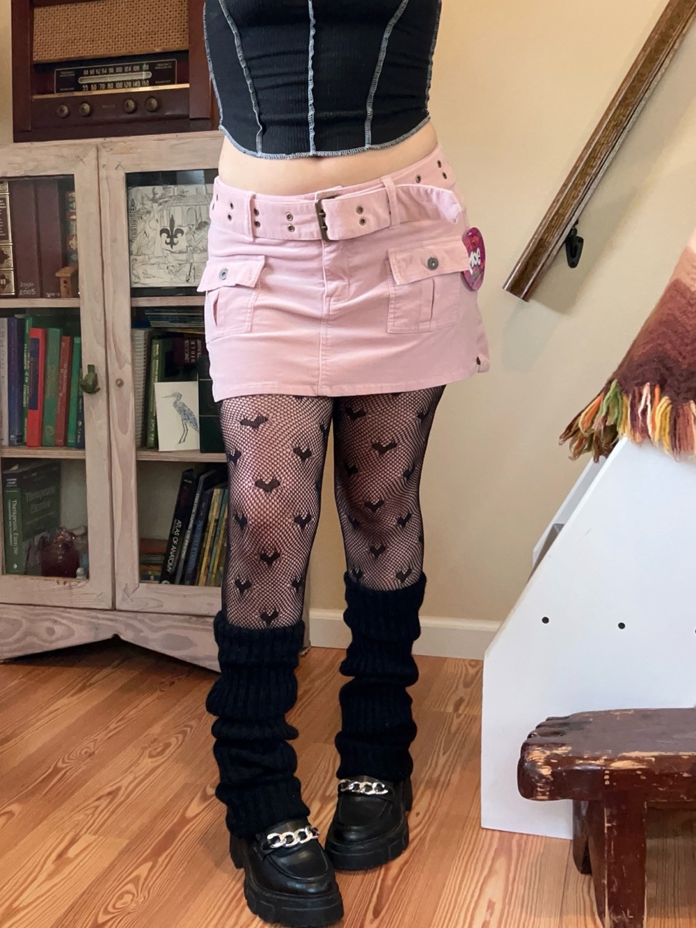 Vintage Y2K Baby Pink Corduroy Cargo Mini Skirt Grommet Belt Skater Utility